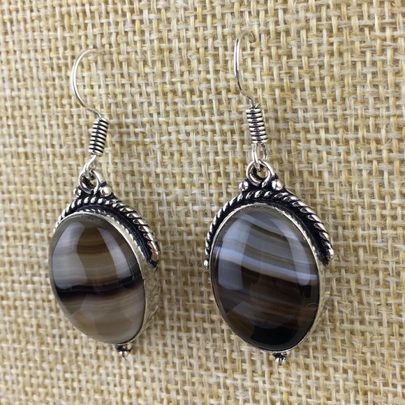 Banded Agate Stone Hook Dangle Earrings - Picture 2 of 7